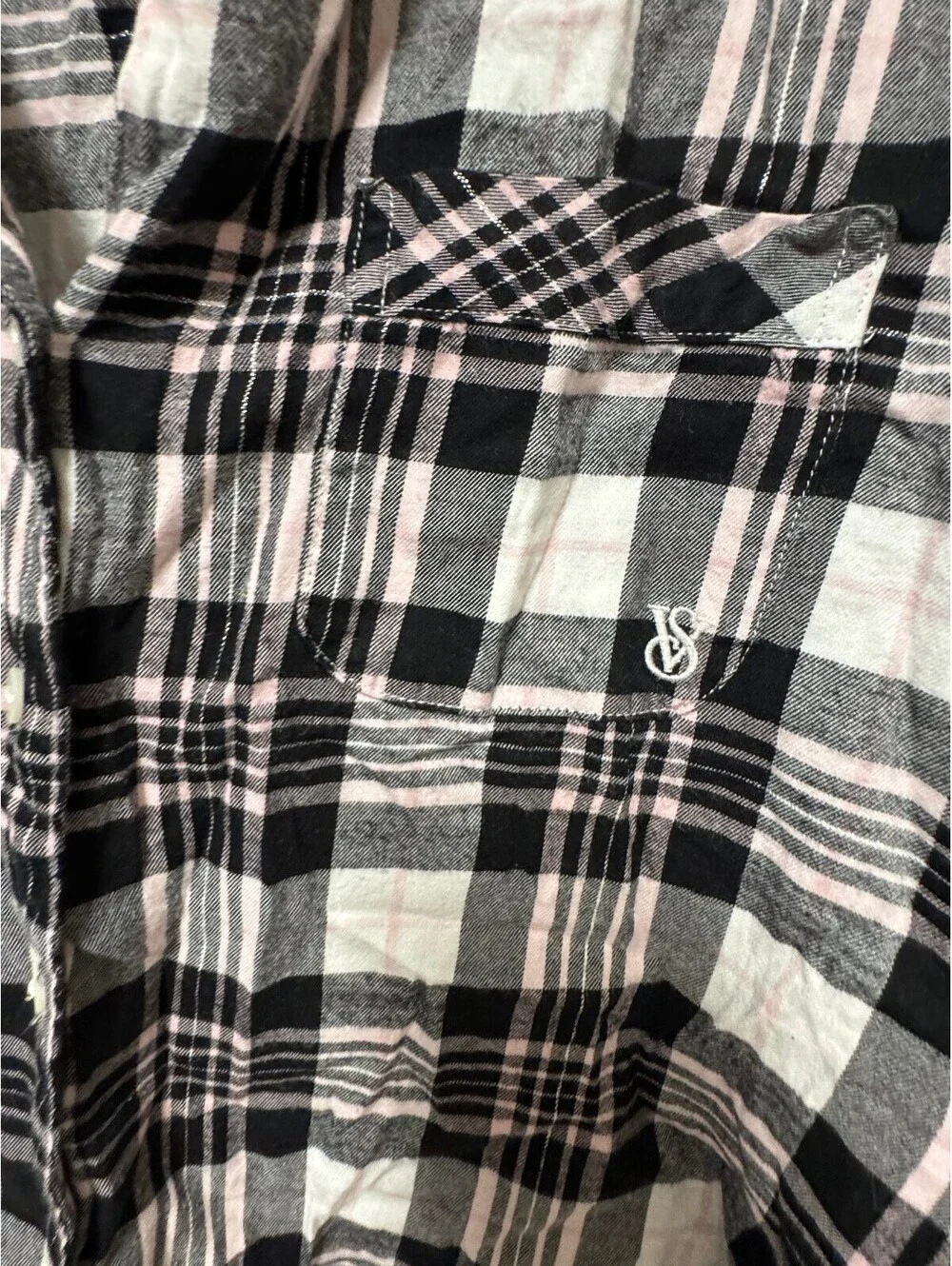 Victoria's Secret Pajama Top Plaid Flannel Button Up Pink Black White Size M